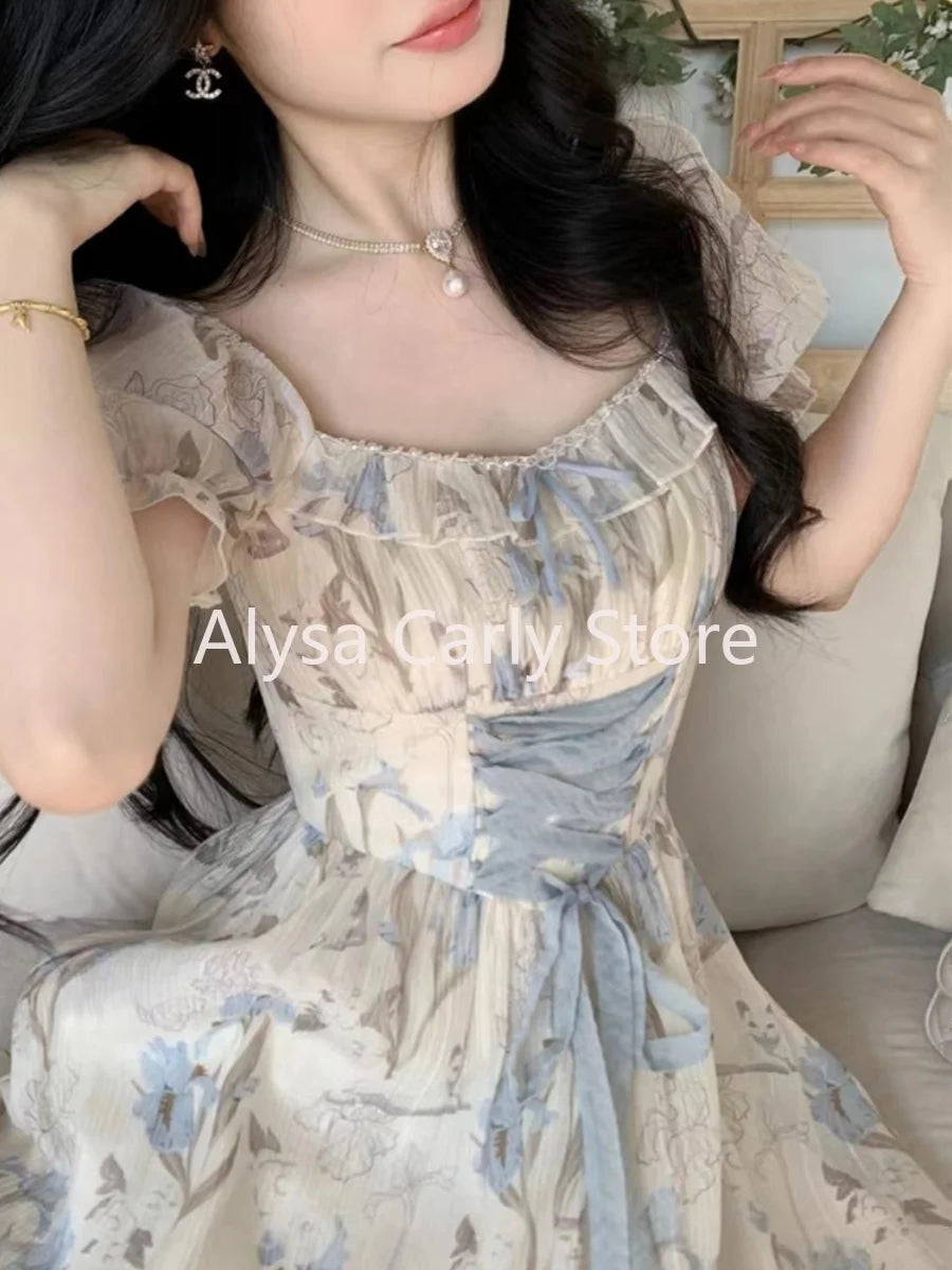 Elegant Vintage Floral Midi Dress Women Ruffles Design Casual Korean Fairy Dress Female 2024 Summer Lace-up Vacation Party Dress