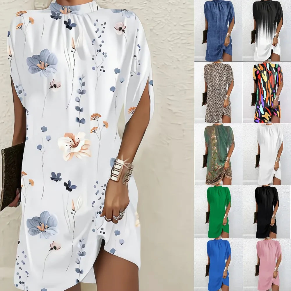 Lady Elegant Short Dress Bat Sleeve High Neck OL Formal Occasion Dresses Women Summer Solid Color Geometric Printing Skirt