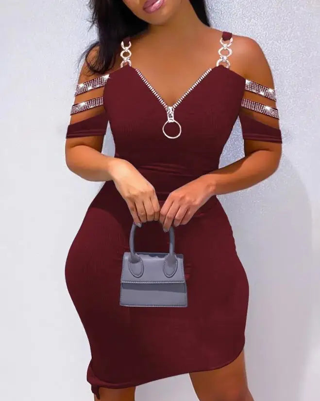New Fashion 2023 Summer Casual Sexy Colorblock Cold Shoulder Bodycon Skinny Mini Dress Elegant Dresses for Women