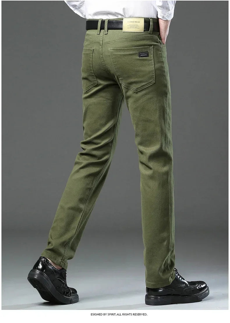 Large Size 42 44 Autumn 98% Cotton Men's Stretch Slim Jeans ArmyGreen Soft Comfortable Casual Straight Denim Pants Trousers