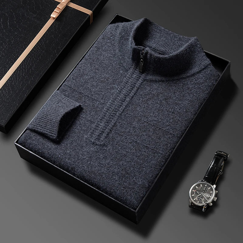 Men's autumn and winter high collar half zipper 100% wool sweater 2024 thick long sleeve warm pullover business casual knitted s