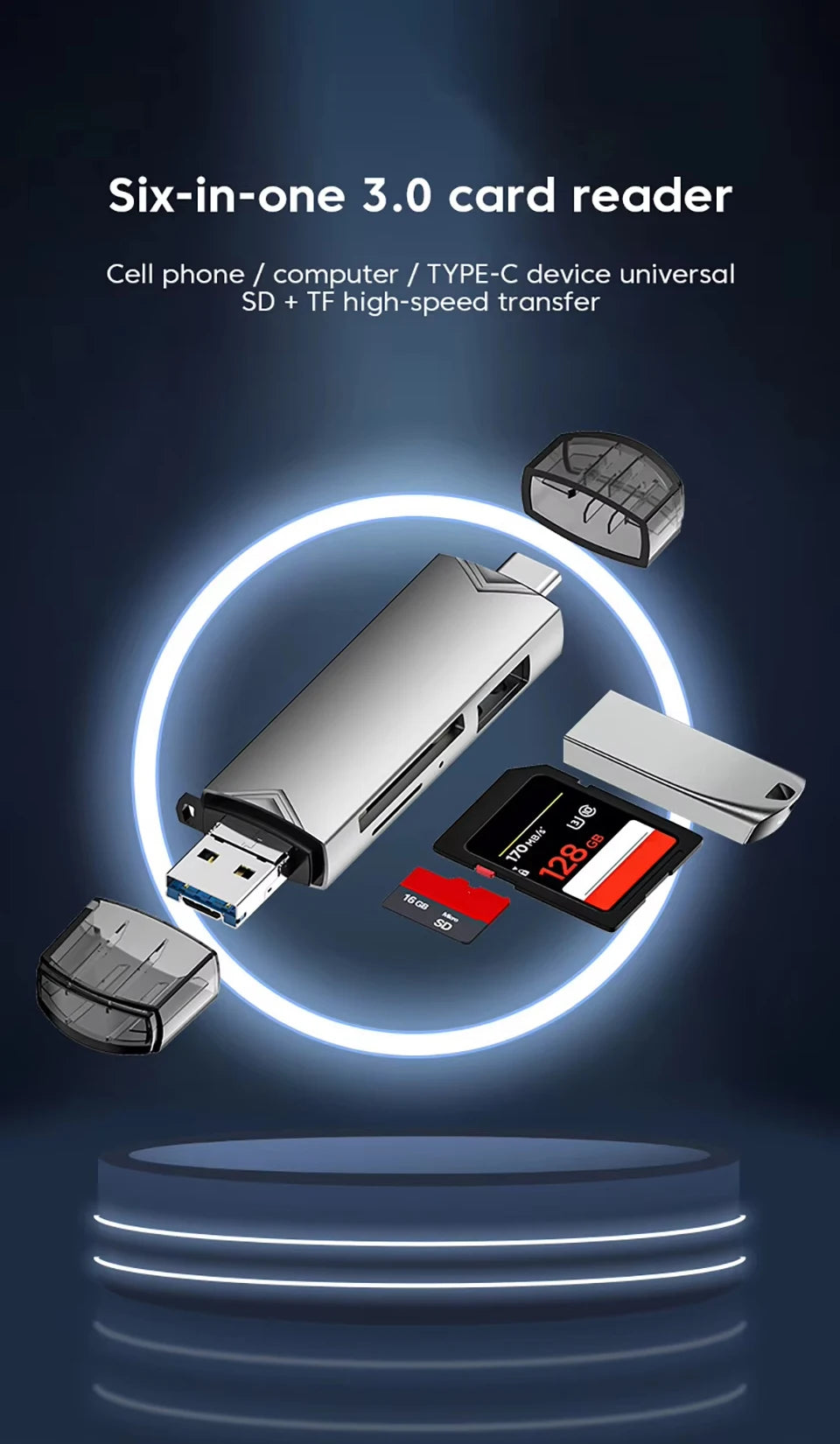 6 in 1 USB 3.0 Card Reader OTG Adapter For iPhone 15 Pro Max Xiaomi 14 Samsung Camera SD TF High-speed Transmission Accessories