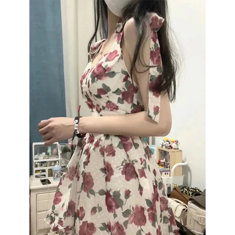 Summer New French Vintage Floral Halter Dress V-neck Sleeveless A-line Cute Short Dress Birthday Party Dress Camisole Dresses