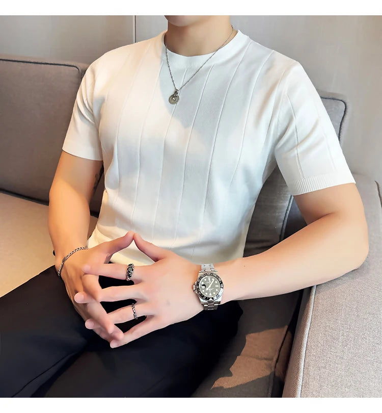 2024 New High Quality, Business Casual Men's Short-Sleeved O-neck Sweater, Daily Slim Fit T-shirt, Stretchable Striped Top M-3XL