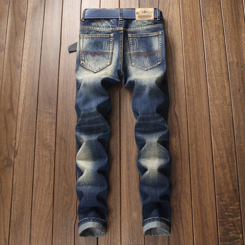 Denim Jeans Straight Scratches Fashion Men's Pants Luxury Vintag Hole Ruined Long Broken Fashion Regular Fit Large Size