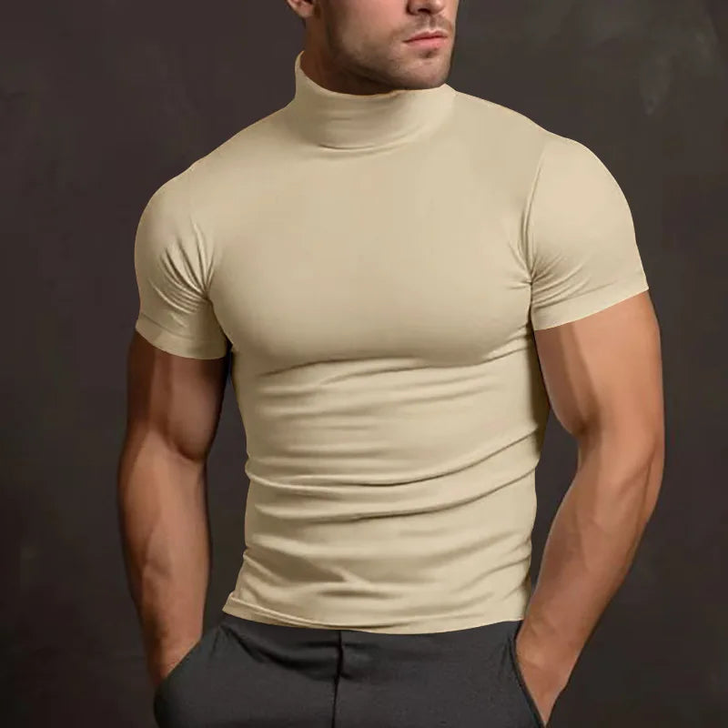 Cross-border Amazon 2024 summer solid color short-sleeved fashion bottoming shirt men's tight turtleneck T-shirt