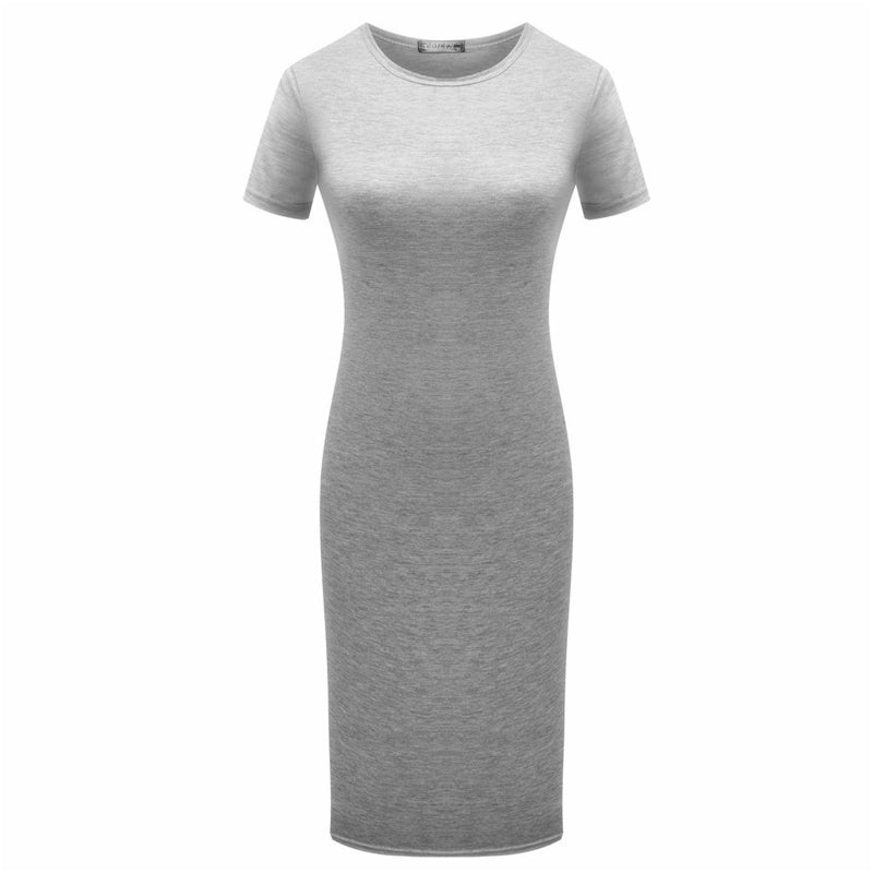 652F Women Summer Short Sleeve Plain Slim Fitted Knee Length Package Hip Long Dress