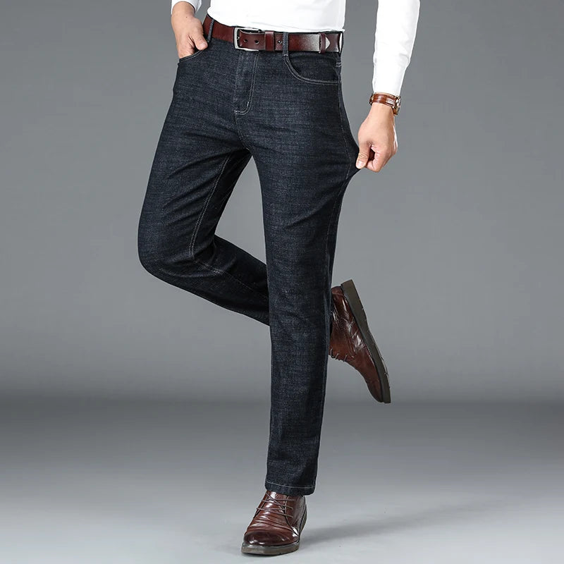High Quality Men's Business Stretch Jeans Korean Casual Pants Denim Straight Trousers Black Navy Blue Men's Clothes