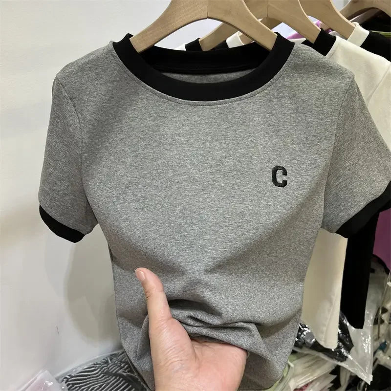 Large size women's cotton short sleeve T-shirt fat MM 2023 summer new color-block letter embroidery simple versatile top