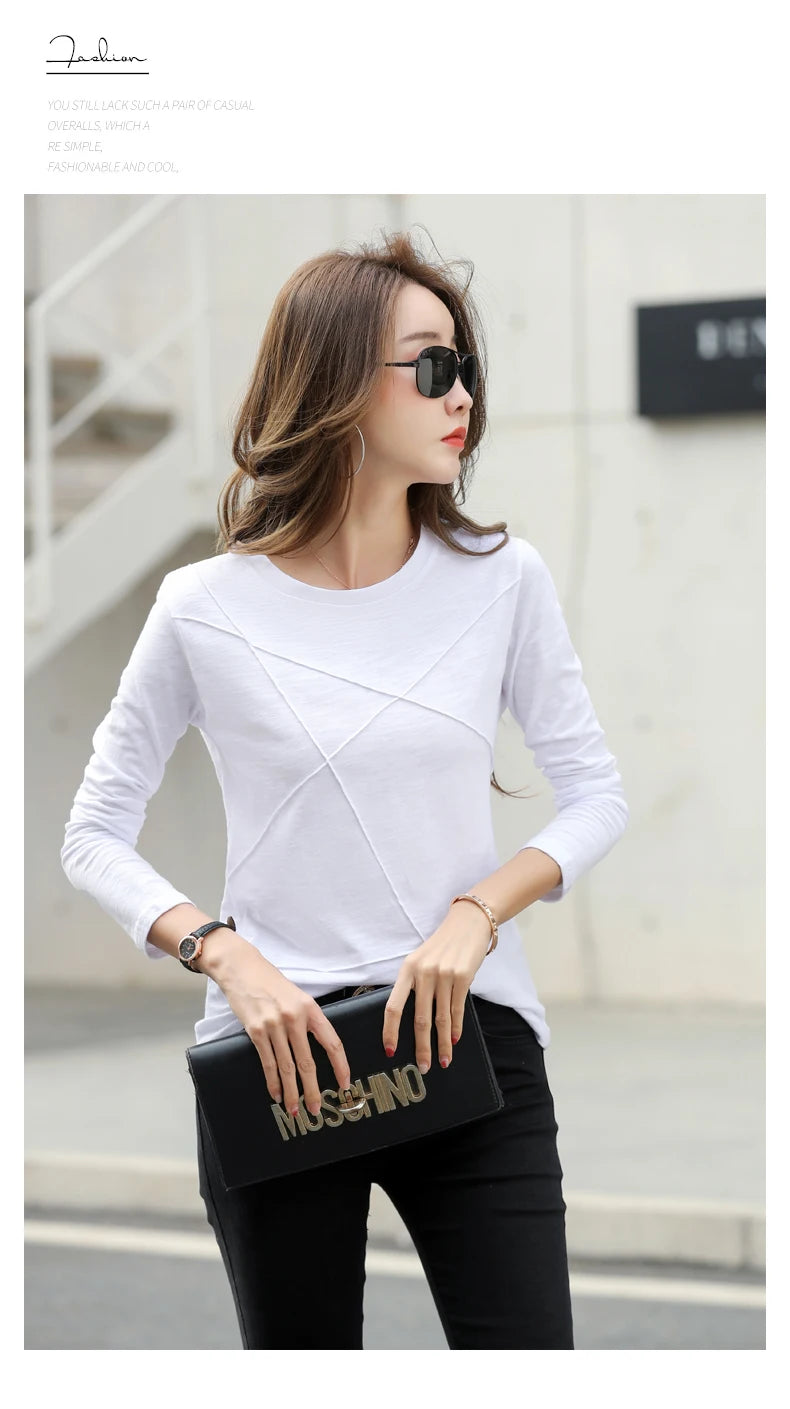AOSSVIAO 2024 Autumn Long Sleeve Women O-Neck Bamboo Cotton T-Shirt Elegant Loose Ribbed Fashion Tee Shirt Ladies Simple Tops