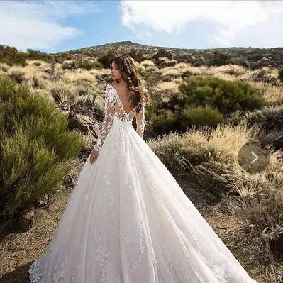 Women Lace Long Sleeve Off Shoulder White Bridal Wedding Dress Gown High Waist Loose Summer Dress Floor Length Evening