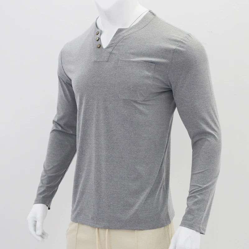 Autumn and Winter Cross border Leisure V-neck Men's Fashion Trend Sports T-shirt Slim Fit Pocket Men's T-shirt Long Sleeve Top