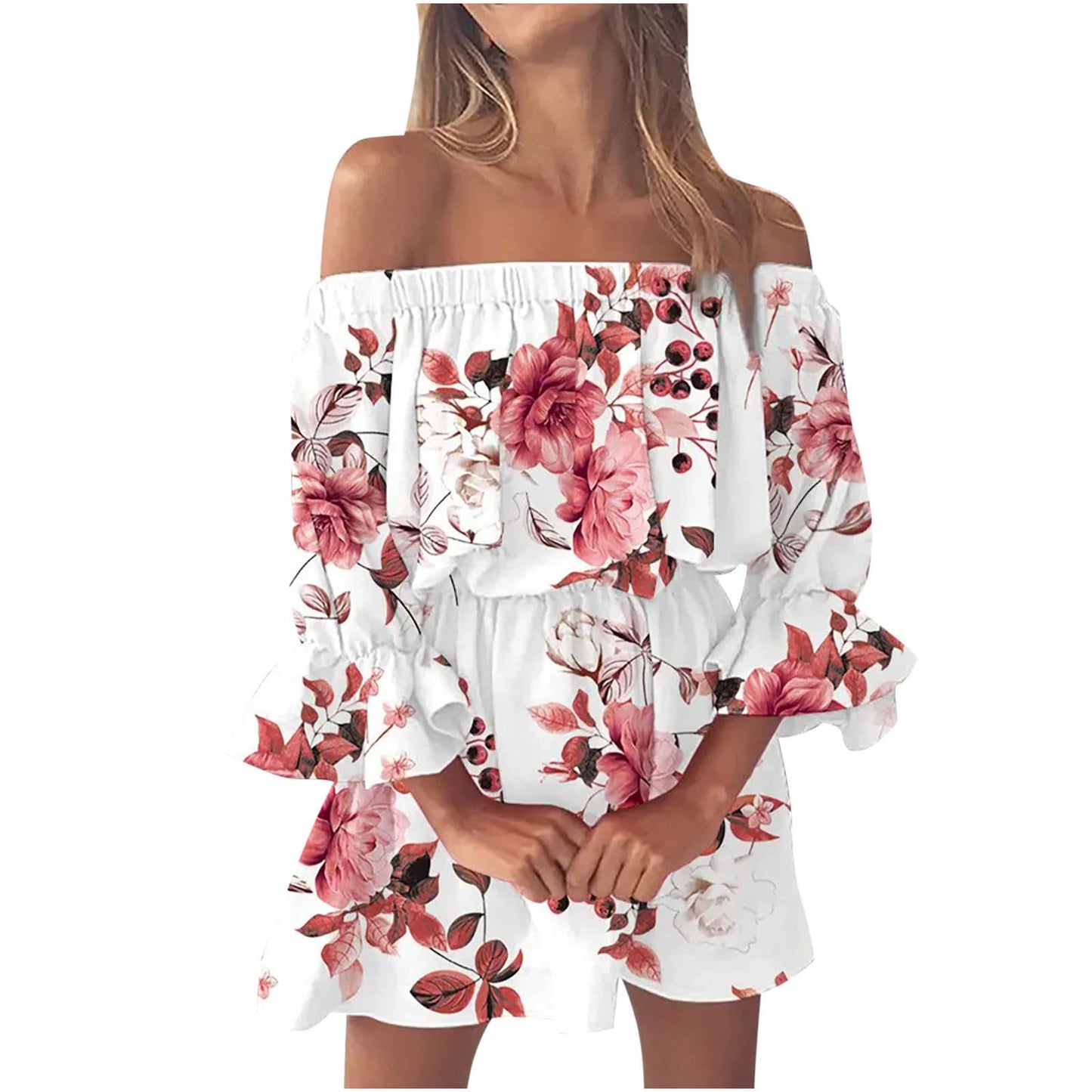 Boho Dresses for Women 2023 Summer Sexy Off Shoulder Floral Print Flare Sleeve Tunic Dress Women Casual Mini Sundress Vestido