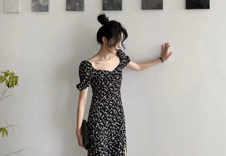 French Style Square Collar Floral Print Dress Women Puff Sleeve High Waiste A-line Ladies Sweet Daily Dating Long Vestidos