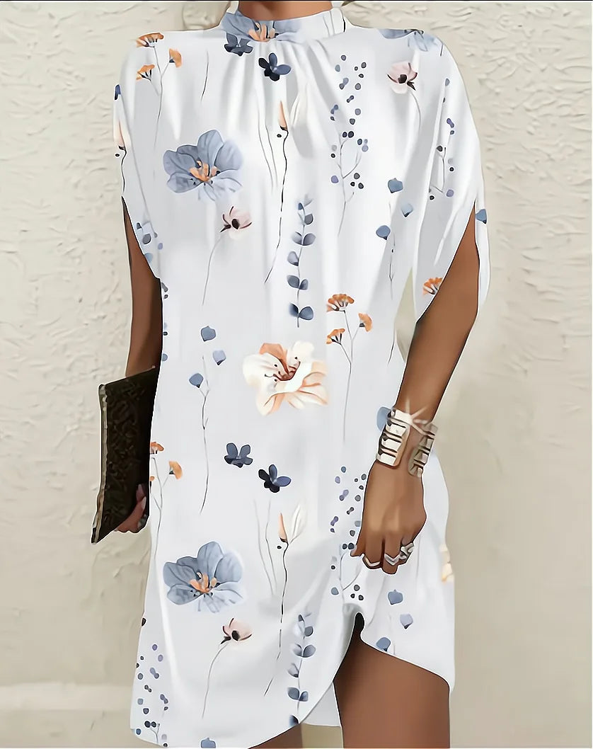 Lady Elegant Short Dress Bat Sleeve High Neck OL Formal Occasion Dresses Women Summer Solid Color Geometric Printing Skirt