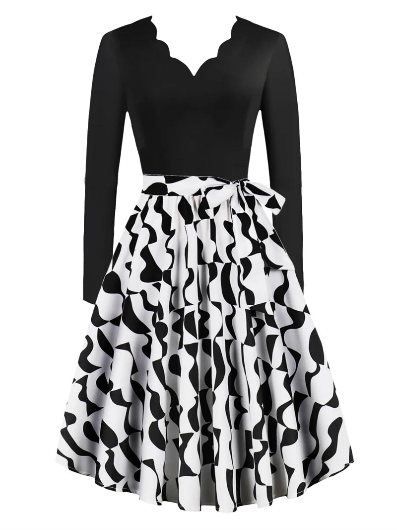 Sexy lace V-neck long sleeved pullover with slim fit floral print casual party A-line dress with belt included