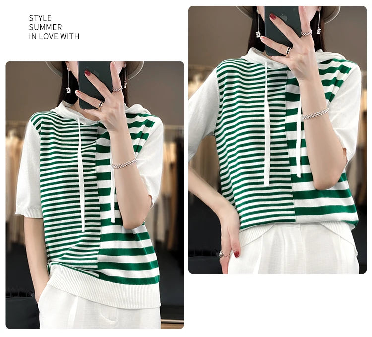 Summer New 100% Cotton Women's T-shirt Short Sleeve Loose Contrast Hooded Collar Pullover Casual Fashion Knitted T-shirt Top