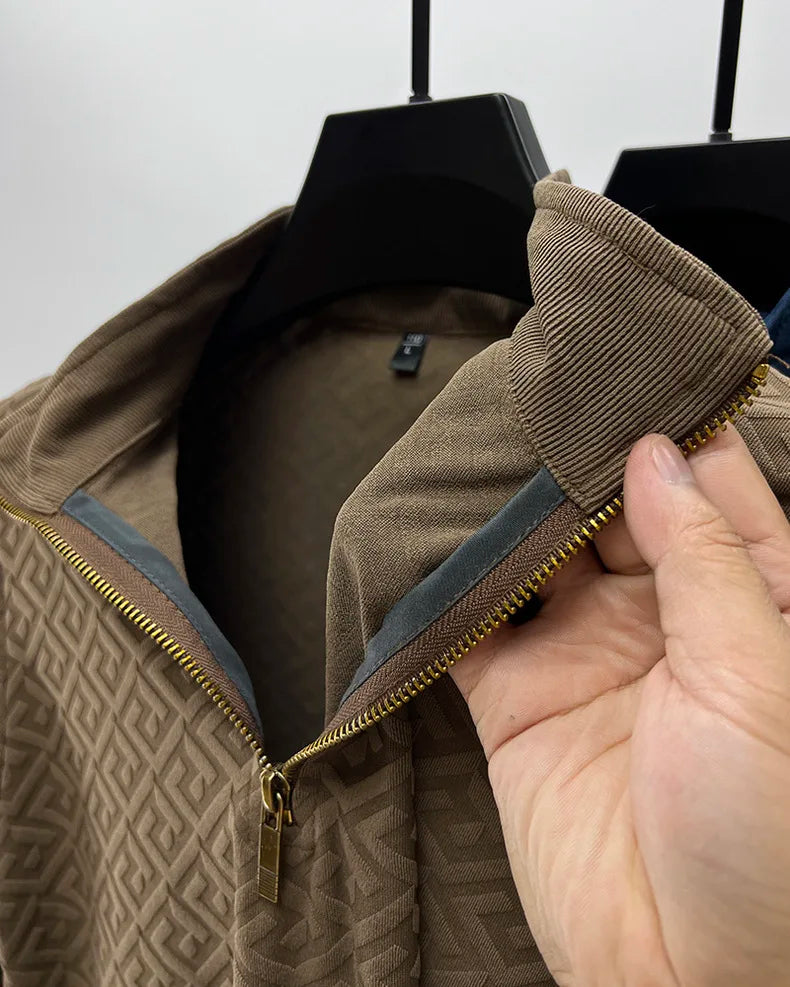 High end brand fashion jacquard retro sweater for men's 2023 spring autumn new casual trend half zipper standing collar pullover