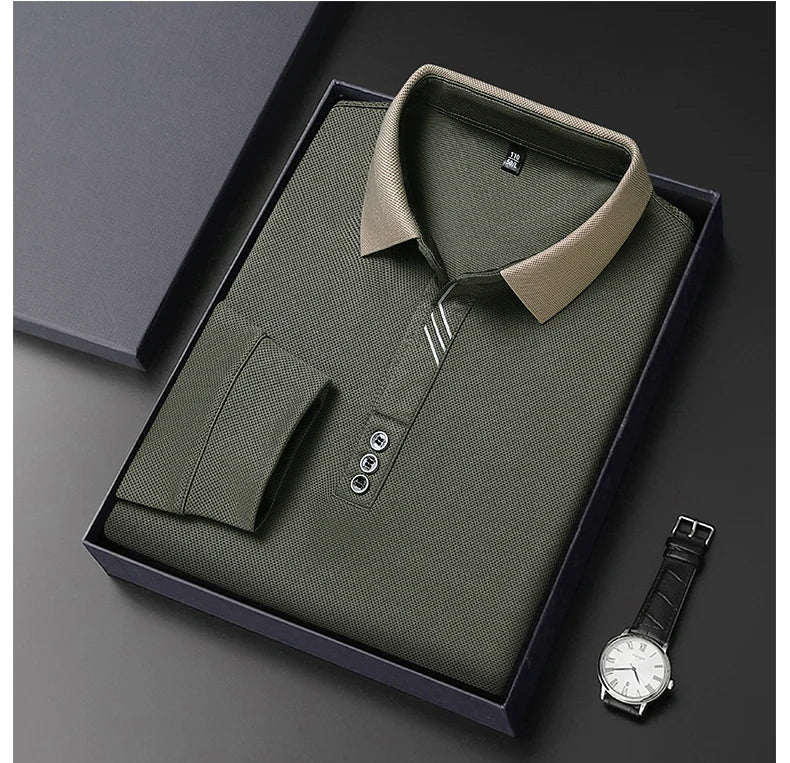 Autumn New Men's Long-sleeved Polo Shirt Business Casual Slim Elastic Top Fashion Classic Solid Color Male Brand Tees