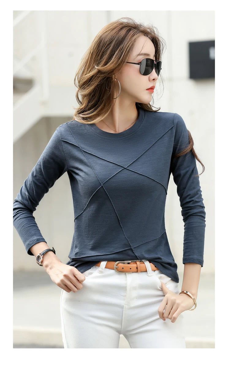 AOSSVIAO 2024 Autumn Long Sleeve Women O-Neck Bamboo Cotton T-Shirt Elegant Loose Ribbed Fashion Tee Shirt Ladies Simple Tops