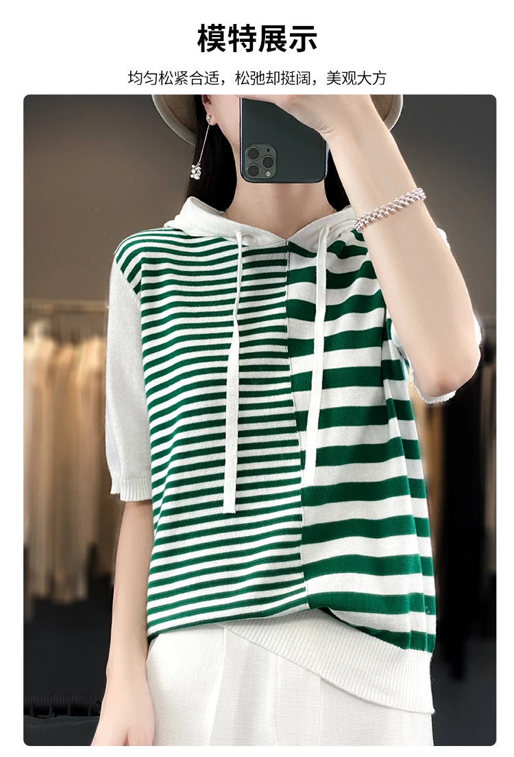 Summer New 100% Cotton Women's T-shirt Short Sleeve Loose Contrast Hooded Collar Pullover Casual Fashion Knitted T-shirt Top