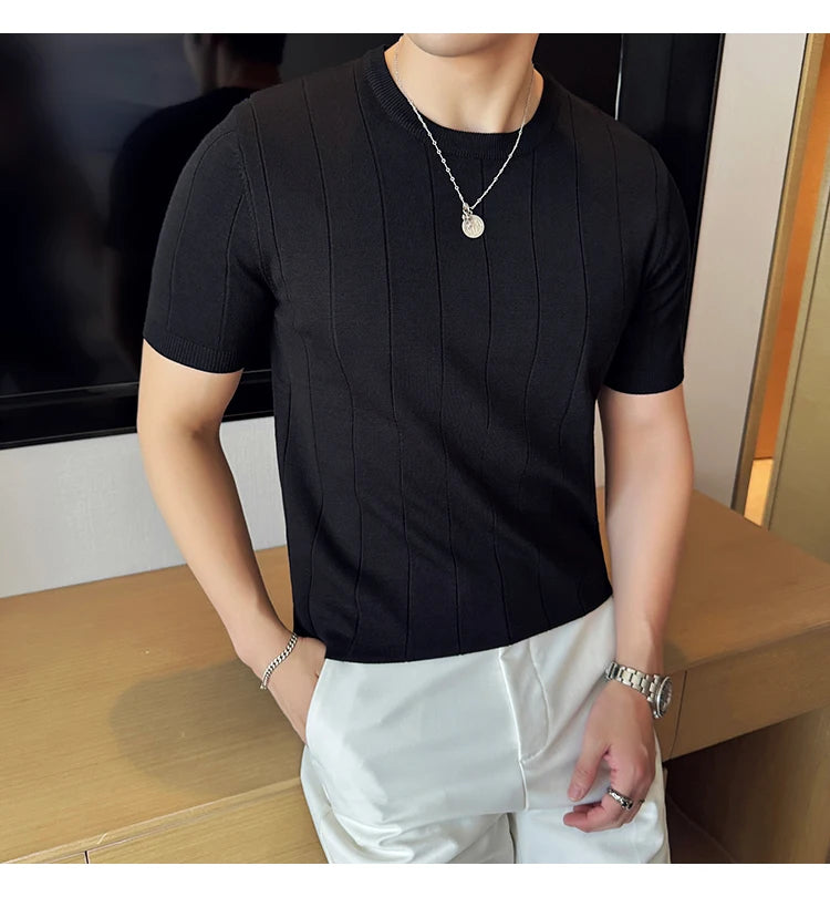 2024 New High Quality, Business Casual Men's Short-Sleeved O-neck Sweater, Daily Slim Fit T-shirt, Stretchable Striped Top M-3XL