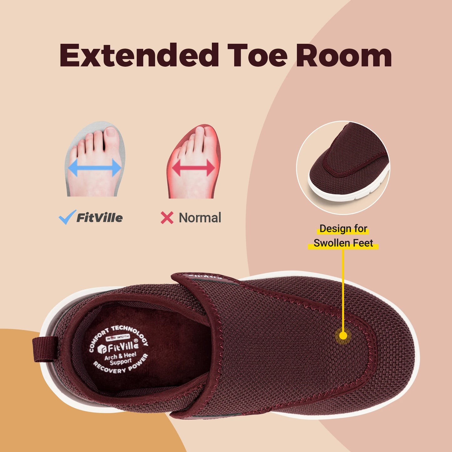 Fitville Women's Shoes Wide Width Diabetic Shoes Walking Casual Breathable for Swollen Feet Elderly Foot Pain Relief Neuropathy