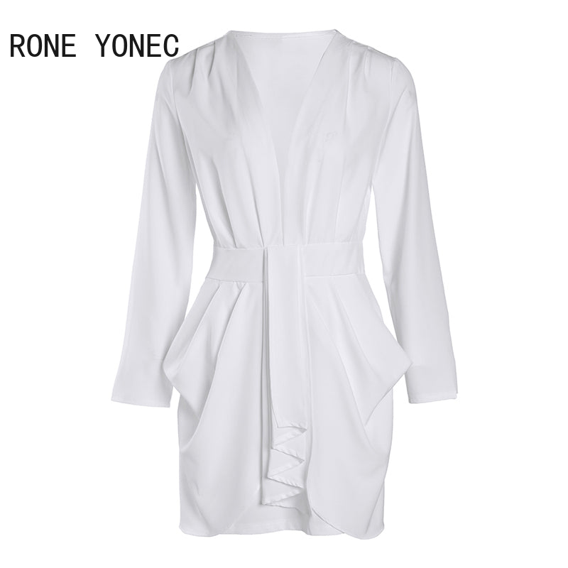 Women Chic Elegant Long Sleeves Deep V Neck Mini A Line Ruffles Formal Party & Working White Dresses