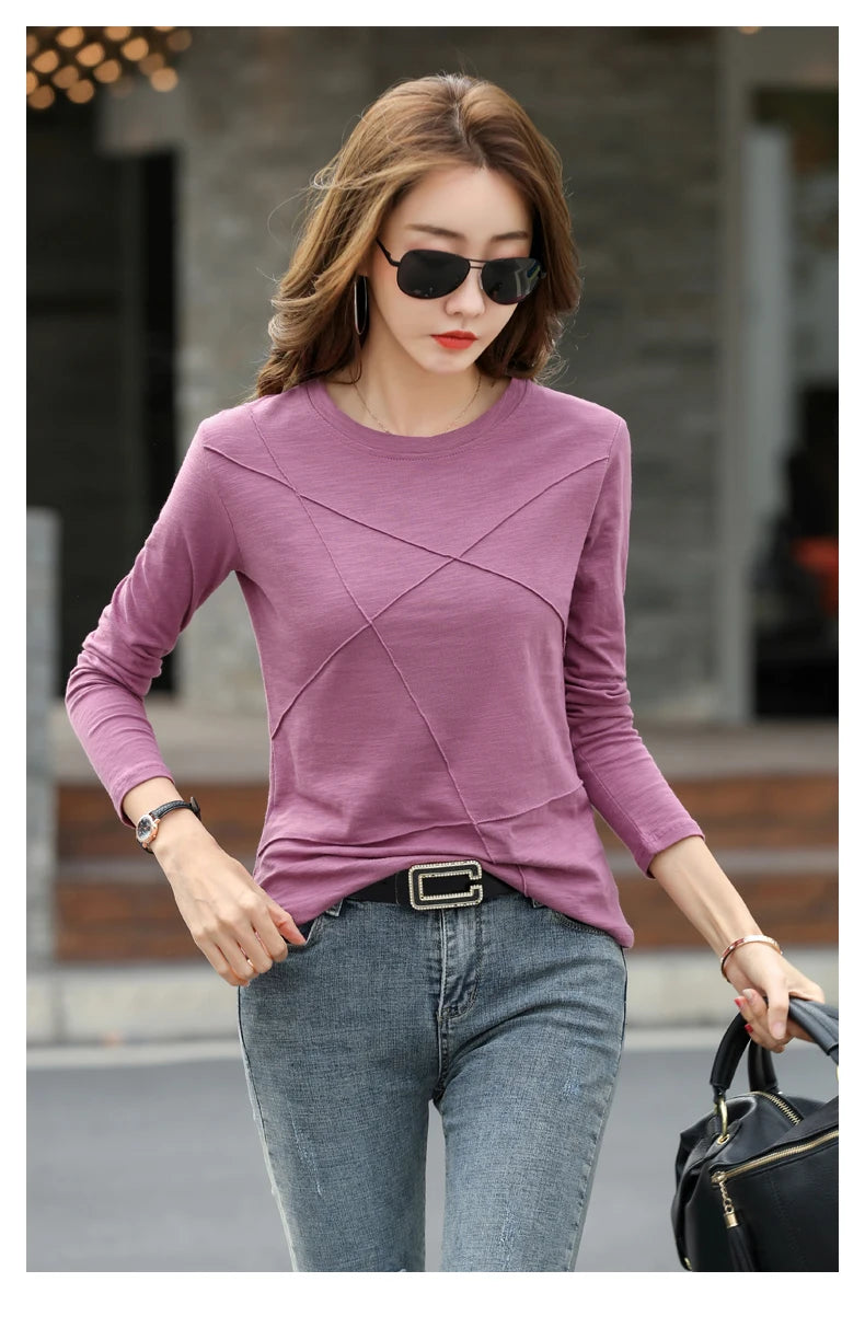 AOSSVIAO 2024 Autumn Long Sleeve Women O-Neck Bamboo Cotton T-Shirt Elegant Loose Ribbed Fashion Tee Shirt Ladies Simple Tops