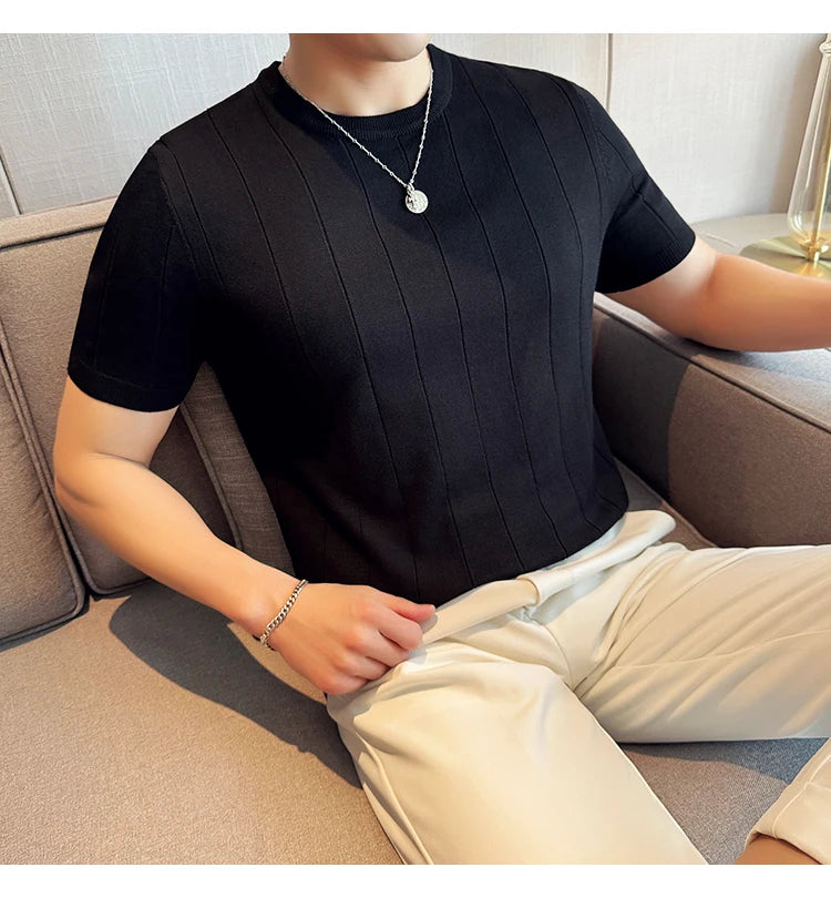 2024 New High Quality, Business Casual Men's Short-Sleeved O-neck Sweater, Daily Slim Fit T-shirt, Stretchable Striped Top M-3XL