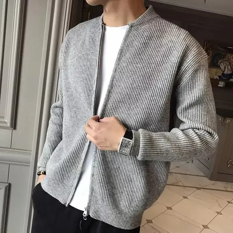 Autumn Winter Men's Solid Color Knitted Cardigan Sweater Jacket Casual Slimming Top Fashionable White Coat