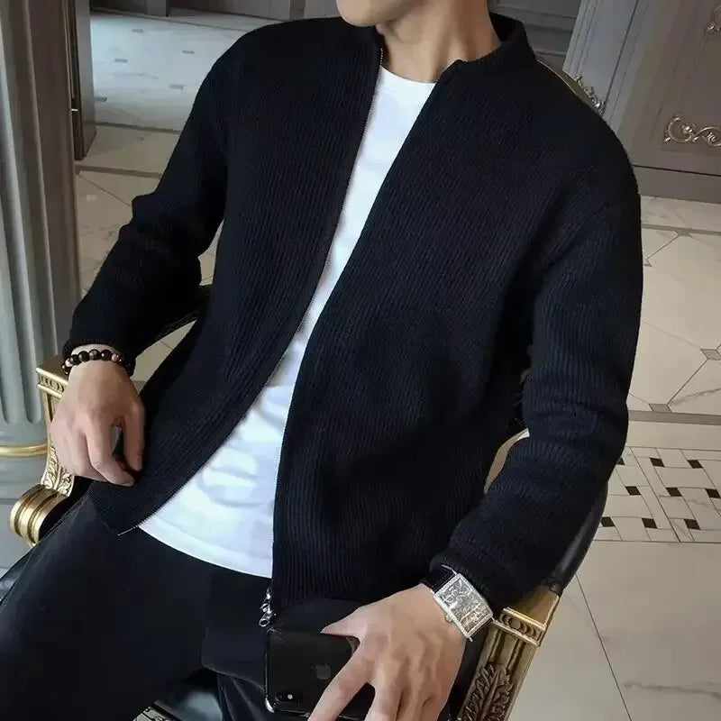 Autumn Winter Men's Solid Color Knitted Cardigan Sweater Jacket Casual Slimming Top Fashionable White Coat