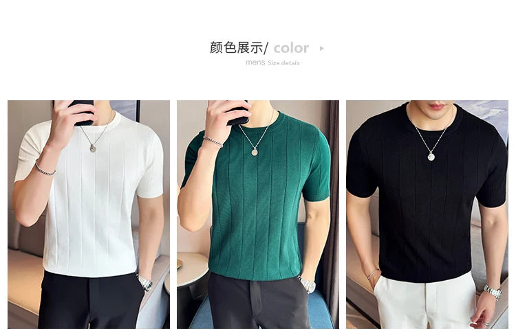 2024 New High Quality, Business Casual Men's Short-Sleeved O-neck Sweater, Daily Slim Fit T-shirt, Stretchable Striped Top M-3XL