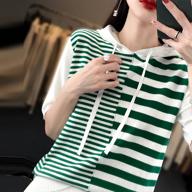 Summer New 100% Cotton Women's T-shirt Short Sleeve Loose Contrast Hooded Collar Pullover Casual Fashion Knitted T-shirt Top