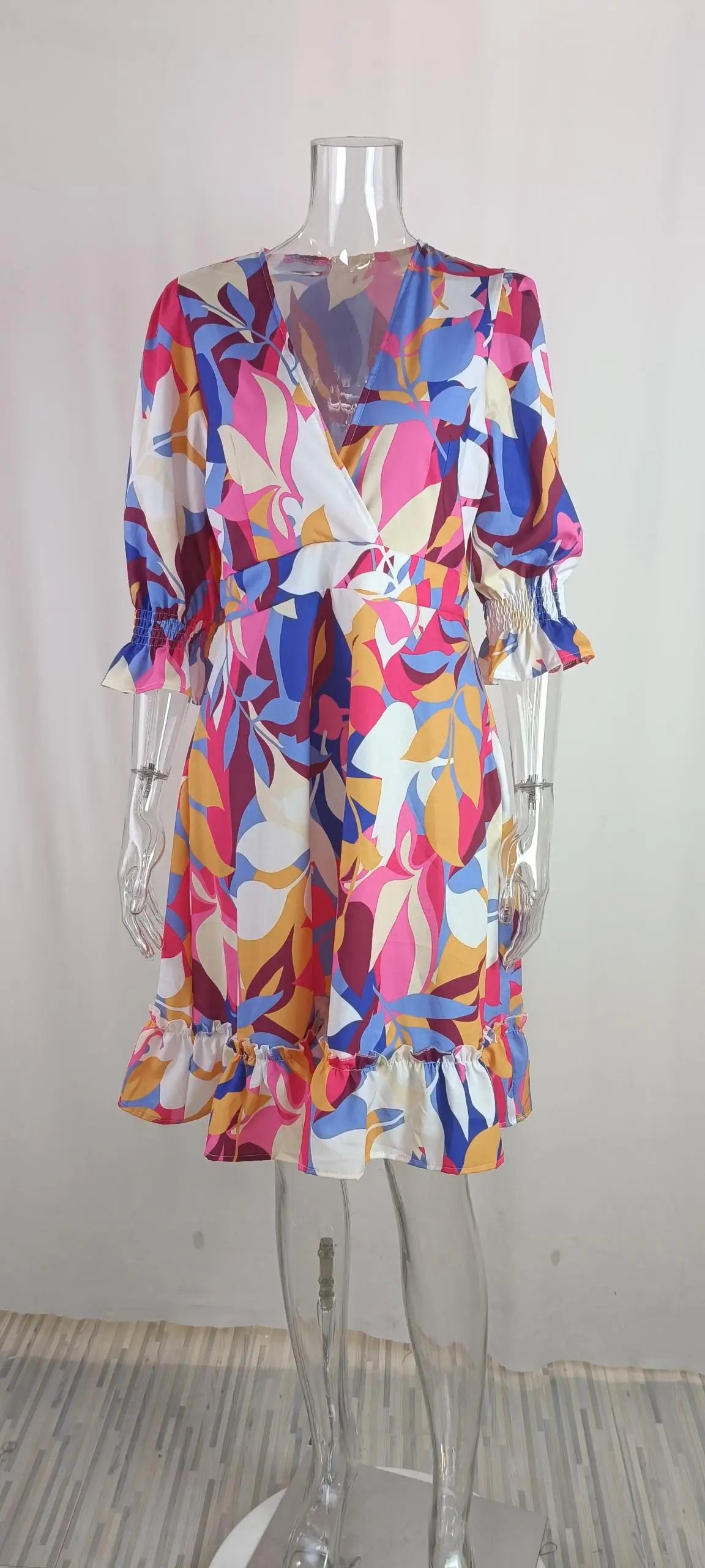 Casual V Neck Short Sleeve Midi Dress Woman Spring Summer Fashion Elegant Ruffles Floral Flower Print Dresses For Women 2023