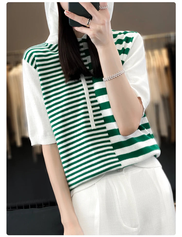 Summer New 100% Cotton Women's T-shirt Short Sleeve Loose Contrast Hooded Collar Pullover Casual Fashion Knitted T-shirt Top