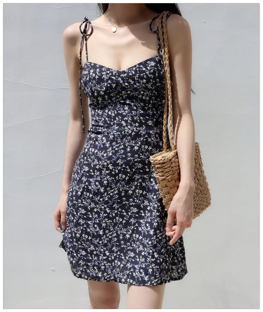 Bandage Floral Spaghetti Strap Dress Womens Y2k Clothes Sleeveless Mini Fashion Summer Short Party Backless Dresses for Women