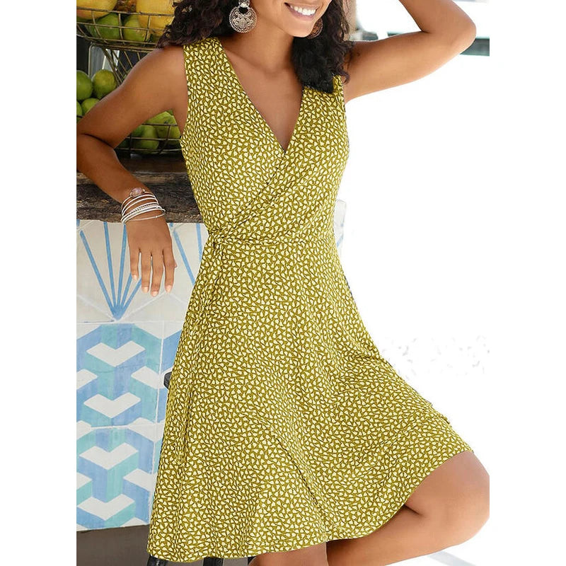 Summer Dress Women's New Casual Dot V Neck Sleeveless Bandage Beach Pop Floral Belt Women's Clothing Women