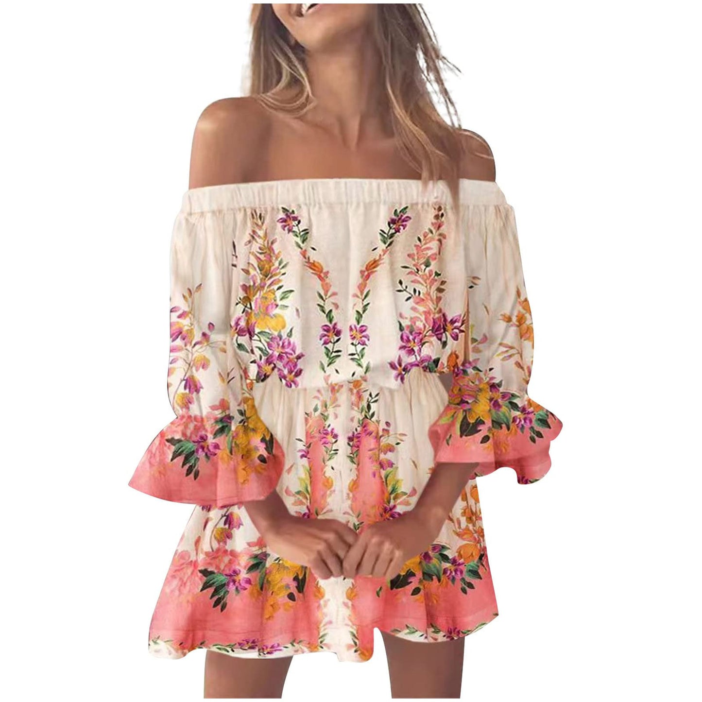 Boho Dresses for Women 2023 Summer Sexy Off Shoulder Floral Print Flare Sleeve Tunic Dress Women Casual Mini Sundress Vestido