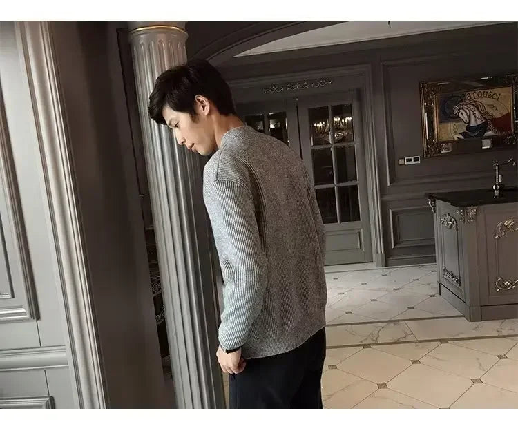 Autumn Winter Men's Solid Color Knitted Cardigan Sweater Jacket Casual Slimming Top Fashionable White Coat