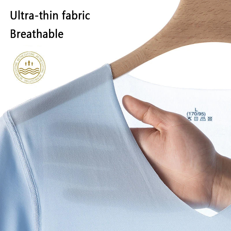 Fashion Summer Seamless Breathable Ice Silk T-Shirt Vest Men's Sports Short Sleeve T-shirt Ice Silk Solid Color V-neck M-5XL