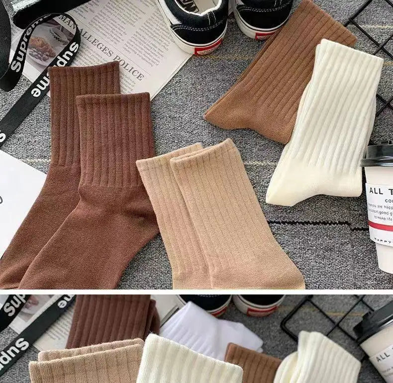 Women Classic Solid Color Striped Cotton Loose Socks Korean Fashion Japanese Style Simple Basic Socks Lady All Match Brown Sock