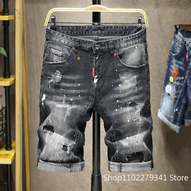 Men Black Denim Shorts New Summer Male Holes Shorts Jeans High Quality Male Stretch Fit Ripped Denim Jeans Shorts Size 44