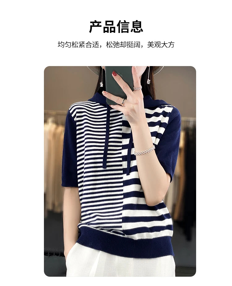 Summer New 100% Cotton Women's T-shirt Short Sleeve Loose Contrast Hooded Collar Pullover Casual Fashion Knitted T-shirt Top