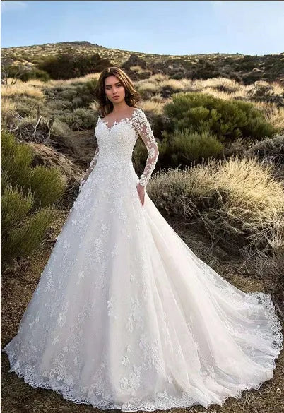 Women Lace Long Sleeve Off Shoulder White Bridal Wedding Dress Gown High Waist Loose Summer Dress Floor Length Evening