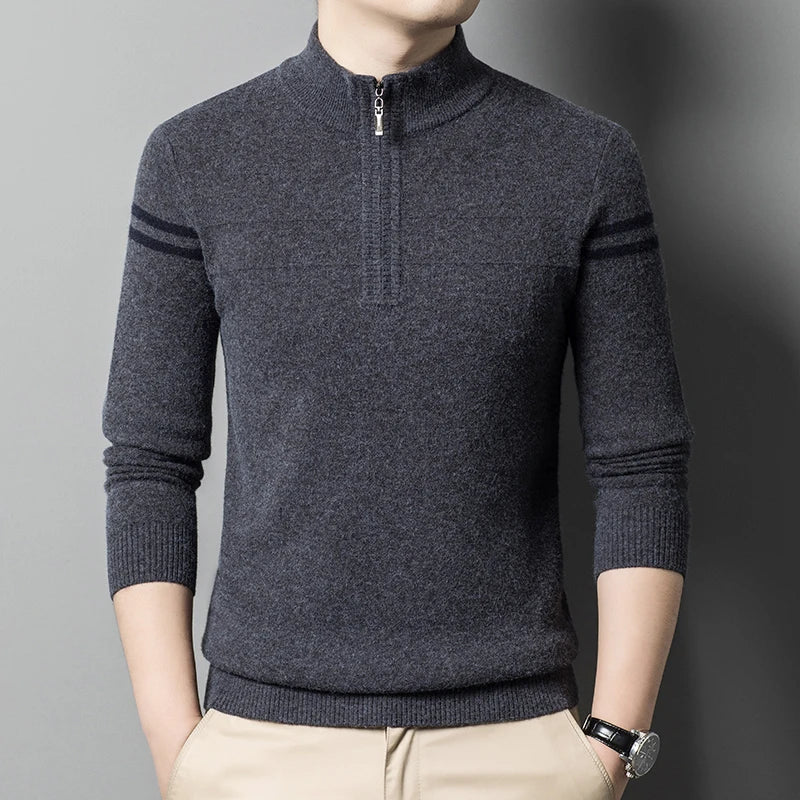 Men's autumn and winter high collar half zipper 100% wool sweater 2024 thick long sleeve warm pullover business casual knitted s