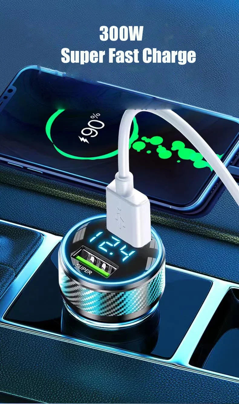 2 in 1 USB Car Charger Adapter 300W Super Fast Charge with Voltage Monitor for iPhone Samsung iPad Huawei Oneplus OPPO VIVO