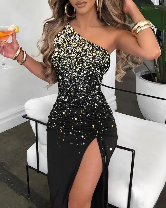 Sexy Women Dresses Rhinestone Decor Elegant Fashion Multi-Strap High Slit O-Neck Sleeveless Maxi Skinny Party Dress 2022 Summer