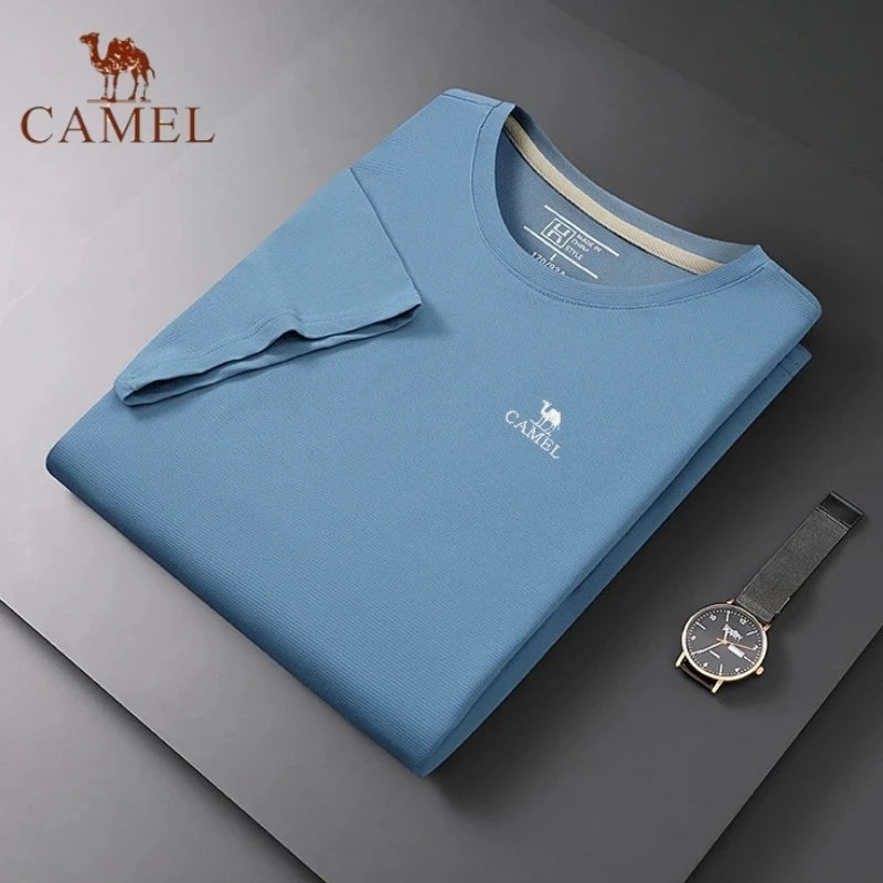 Embroidered CAMEL Round Neck Short Sleeved T-shirt, Summer Men's Fashionable Casual Outdoor Sports Breathable Polo Shirt Top