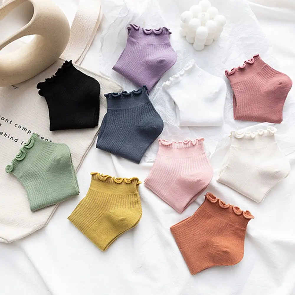 Cotton Women's Socks Frilly Ruffle Socks Spring Summer Casual Ankle Short Boat Socks Loose Knitting Solid Color Mid Tube Sock